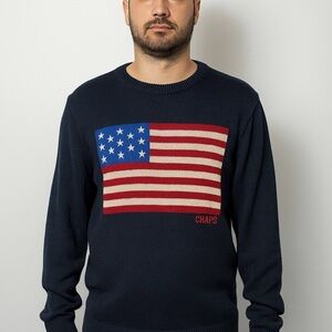 Chaps Men's Preppy Blue Sweater with Flag Design